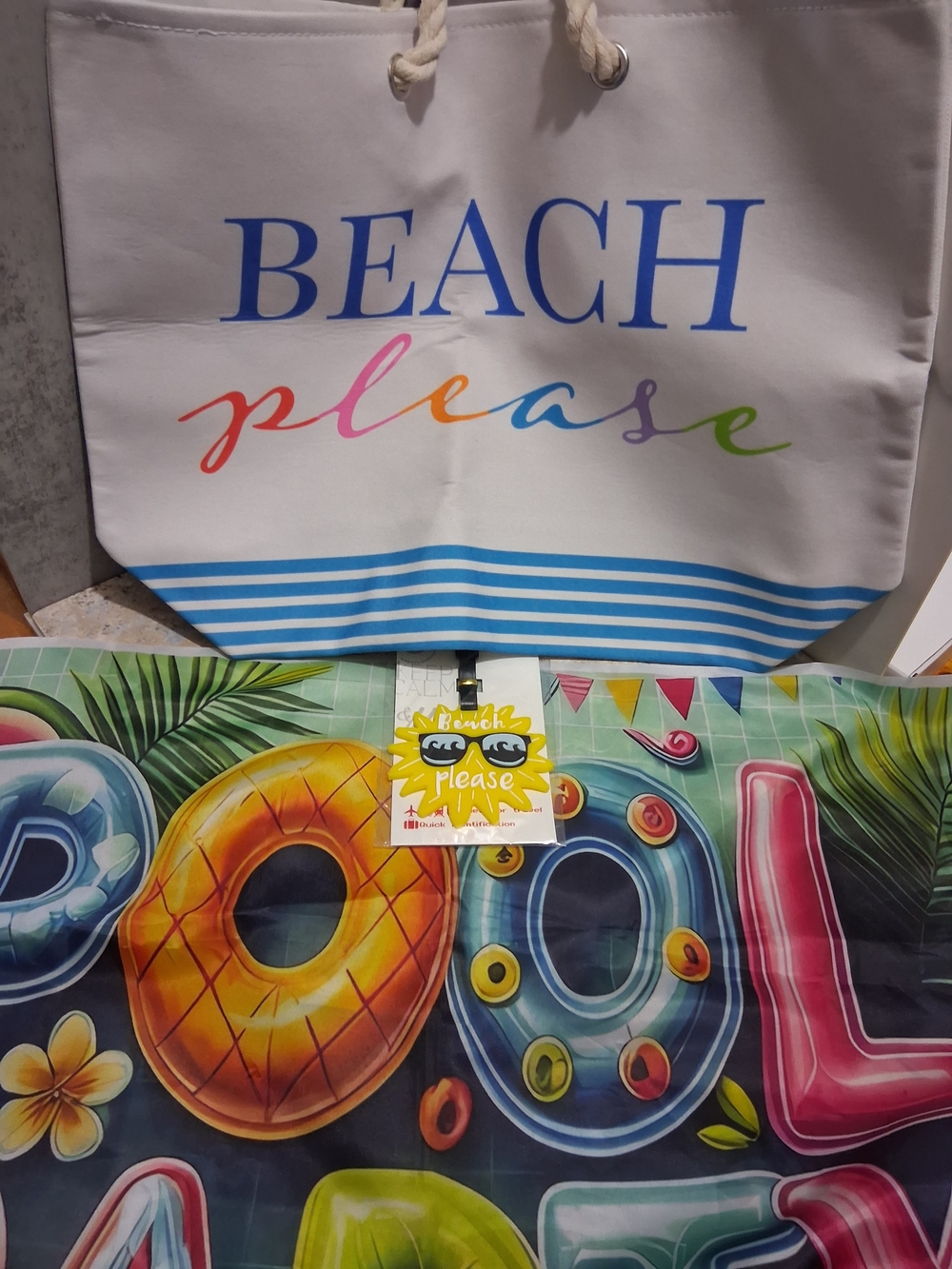 Beach Please White Multicolor Script Tote Bag, Luggage Tag & Tapestry